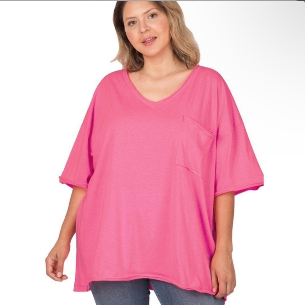 Coral Fushsia Oversized Boyfriend Pocket Tee Plus Size Tee Shirts